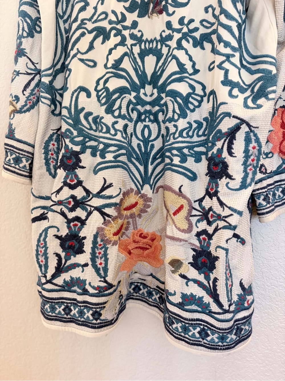 Johnny Was Biya Embroidered Hooded Cardigan — Cream/Blue, Size XL - Picture 7 of 9